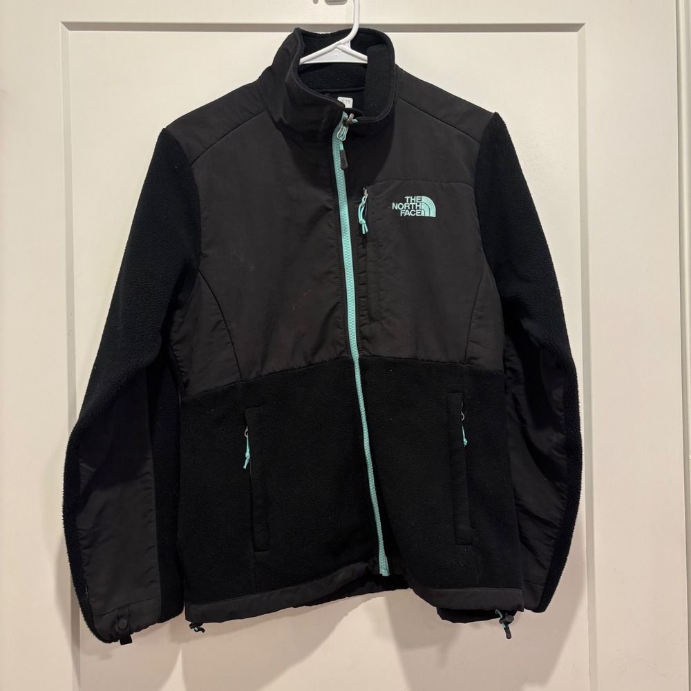 The North Face Denali‎ Fleece Jacket Womens Small Black Full Zip Teal Logo